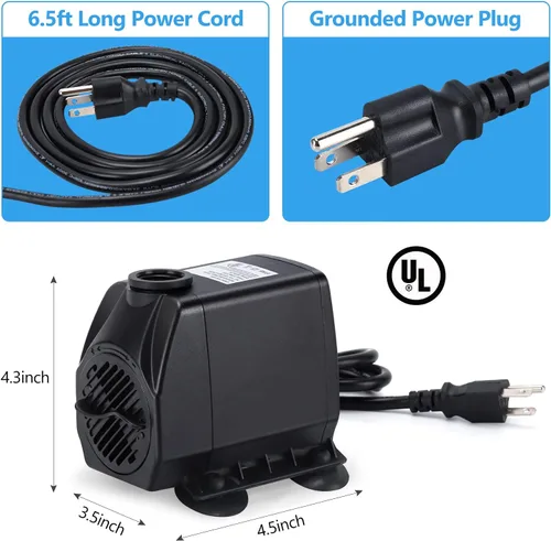 Vista 3 de CWKJ Bomba de fuente, bomba de agua sumergible de 880 GPH, bomba de agua duradera de 60 W para exteriores con tubo de 6.5 pies (ID x 1/2 pulgadas)