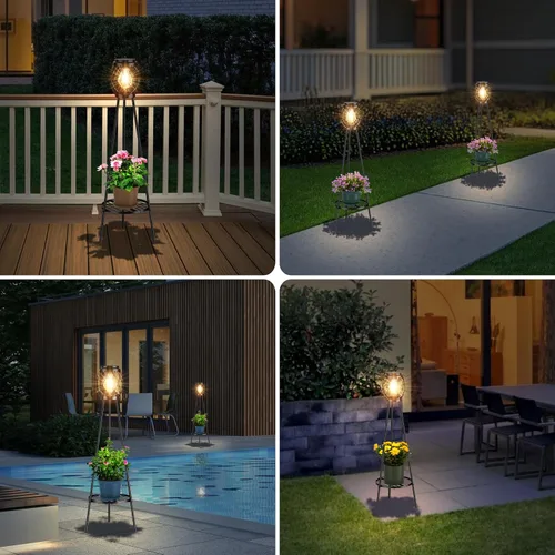 Vista 7 de MXwcy Lámpara de pie solar con soportes para plantas, luces solares para exteriores con bombillas LED Edison vintage, luces de jardín resistentes a