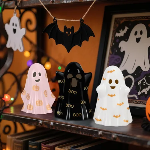 Vista 4 de Decoraciones de Halloween para interiores, juego de 3 fantasmas de cerámica de Halloween con sombreros de bruja, bonita decoración espeluznante
