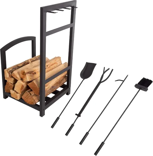 Vista 6 de Lavish Home - Juego de herramientas para chimenea de 5 piezas y estante de troncos, soporte para leña estilo misión con pala, escoba, pinzas y póker