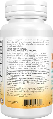 Vista 3 de NOW Foods Suplementos, BerryDophilus con 2 mil millones, 10 cepas probióticas, endulzado con xilitol, cepa verificada, 60 masticables, el embalaje