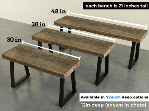Vista 3 de Banco rústico de madera de granero recuperada, madera maciza con base de metal, estilo moderno de granja, parte superior de 2 pulgadas de grosor