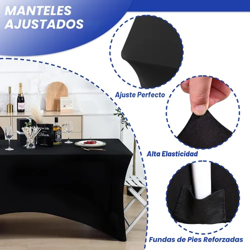 Vista 2 de Fixwal Paquete de 12 Cubiertas de Mesa de Spandex Negro para Mesas de 6 Pies, Fundas de Mesa Rectangulares Ajustadas Elásticas para Bodas