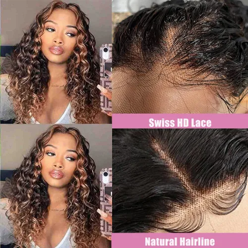 Vista 4 de Peluca de cabello humano con encaje frontal degradado 1B/30, negro y marrón 13x6, pelucas de encaje frontal HD predepiladas con abuelitos, ondulado