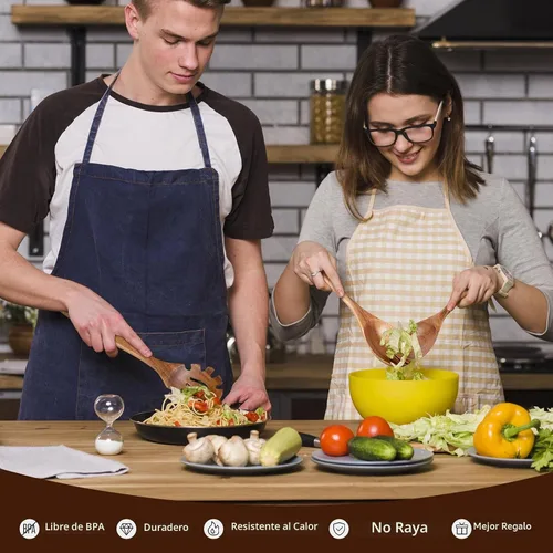 Vista 3 de Cucharas de madera para cocinar, juego de utensilios de cocina de madera de 5 piezas hechos de material de madera maciza natural, incluye cucharas