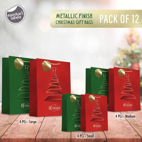 Vista 2 de easykart labels 12 bolsas de regalo de Navidad, rojo y verde metálico y acabado de textura con árbol de Navidad dorado y brillante, varios tamaños