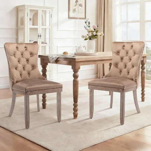 Vista 123 de Juego de 2 sillas de comedor de terciopelo con patas de madera, color beige Mid Century Modern Dining Chairs,Upholstered Chairs with Nailhead