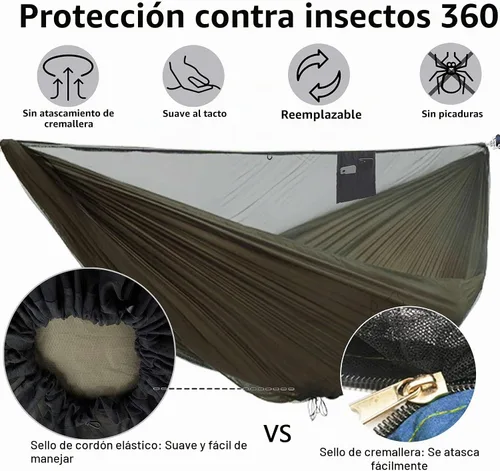 Vista 5 de OneWind Hamaca portátil para acampar de 11 pies con mosquitera, hamaca doble Ridgeline ajustable con correas de árbol de 2 x 12 pies, color marrón