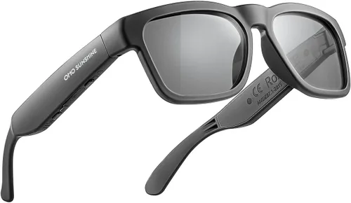 Vista 9 de OhO gafas inteligentes, gafas de sol polarizadas con altavoz Bluetooth, protección UV para atletismo/aire libre y control de voz, unisex (lente gris)
