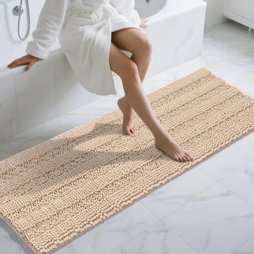 Vista 90 de Yimobra Tapetes de baño lavables, de chenilla súper suave y absorbente, para suelo y alfombra, de secado rápido, antideslizante, para bañera y Beige