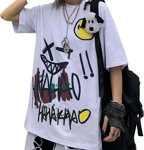 Vista 3 de Camiseta gótica de verano para mujer, diseño gráfico Harajuku gótico de anime, novedad No blanco