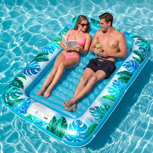 Vista 12 de JAMBO Flotador inflable para tumbona de piscina, 70 x 47 pulgadas, flotador de piscina con almohada, balsa de salón de agua, flotador de piscina