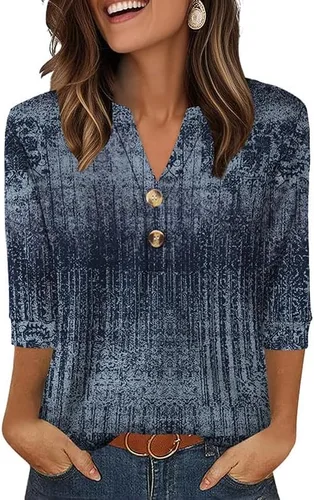 Vista 23 de OFEEFAN - Camisetas de manga 3/4 estilo Henley para mujer, blusas de moda de otoño 2025, atuendos escolares para maestras Raya