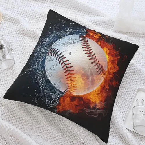 Vista 6 de Funda de almohada cuadrada con diseño de pelota de béisbol con diseño de fuego y agua, funda de cojín decorativa, regalos para niños y hombres, sala