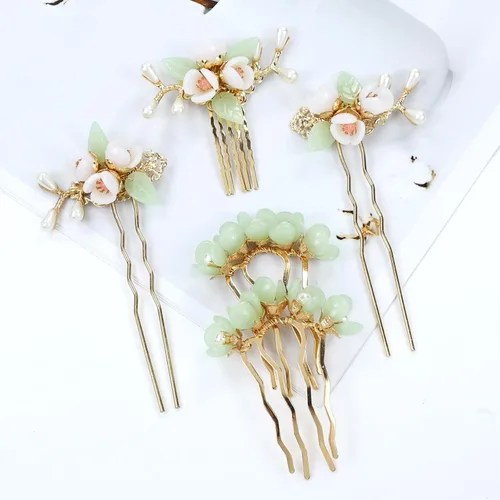 Vista 6 de inSowni 5 piezas vintage retro tradicional asiático chino Hanfu perla verde jade flor de pelo peines laterales diapositivas de metal horquillas