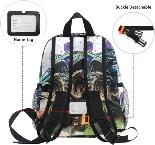 Vista 5 de Vnurnrn Mochila para niños, impresionante camión monstruo, lindo y ligero para niños pequeños con ranura para etiqueta de nombre de silbato