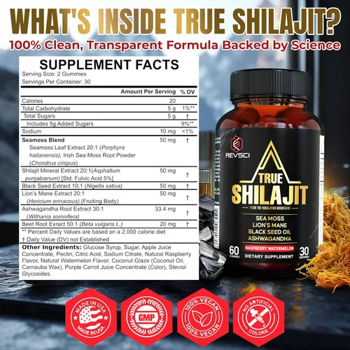 Vista 5 de Gomitas Shilajit naturales del Himalaya para hombres, fabricadas en Estados Unidos, verdadero oro puro shilajit del Himalaya para hombres, gomitas
