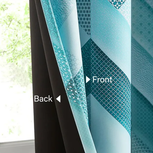 Vista 3 de Metro Parlor Cortinas opacas completas con estampado geométrico bohemio azul de 84 pulgadas para dormitorio, diseño de celosía cheurón