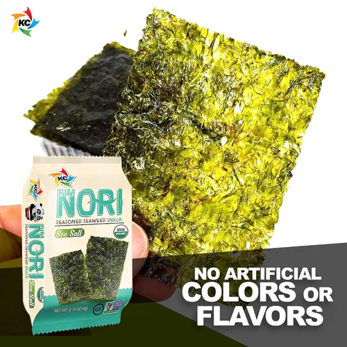 Vista 4 de KIMNORI Hojas de bocadillos de algas marinas sazonadas – Sabor dulce y picante con sal marina orgánica 24 paquetes individuales tostados crujientes