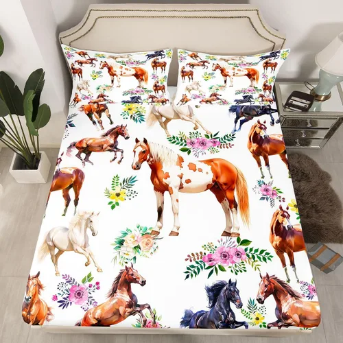 Vista 7 de Sábana bajera ajustable de caballo, sábanas de flores de animales de granja, tamaño individual para niños, adolescentes, adultos, dormitorio, juego
