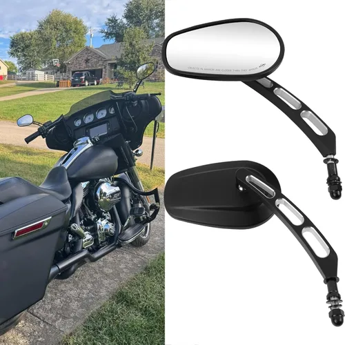 Vista 7 de Espejo retrovisor lateral de 8 mm en negro para motocicleta con estilo hueco Compatible con Harley Street Glide, Road King, Dyn, Softail, Bobber