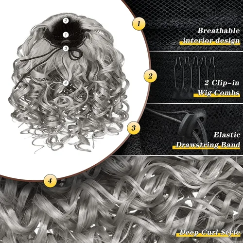 Vista 4 de PEACOCO Extensión de cola de caballo rizada con cordón para mujeres negras - Cola de caballo de 6 pulgadas con clip, postizo sintético de afro corto