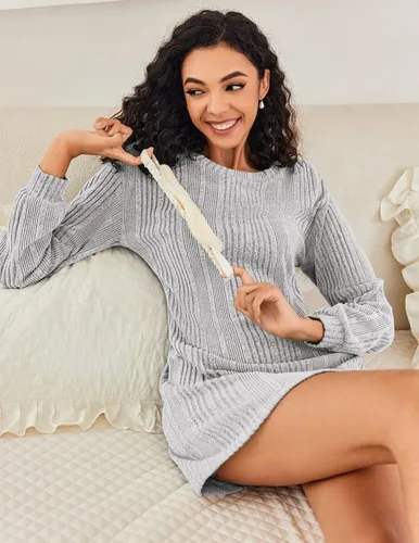 Vista 2 de Ekouaer Camisones de manga larga para mujer, de punto acanalado, cuello redondo, ropa de dormir suave