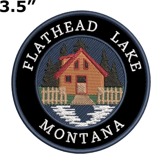 Vista 2 de Cabin by The Lake - Flathead Lake - Montana - Parche decorativo bordado de 3.5 pulgadas para planchar o coser, para vacaciones, recuerdo, viajes