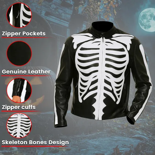 Vista 3 de Chaqueta de cuero con estampado de huesos de esqueleto negro para hombre de Halloween Faux Leather