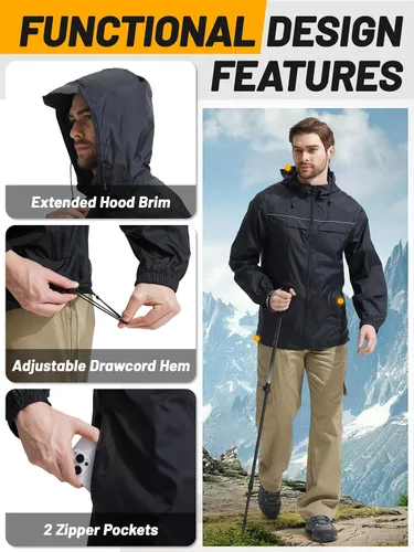 Vista 6 de SWISSWELL Mens Rain Jacket & Coats Packable Lightweight Waterproof Hooded 017-negro