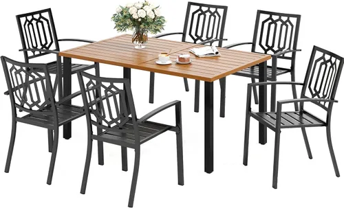Vista 16 de SUNSHINE VALLEY Juego de 7 sillas de comedor para patio, material metálico, 6 sillas de comedor de color teca rectangular con agujero para sombrilla