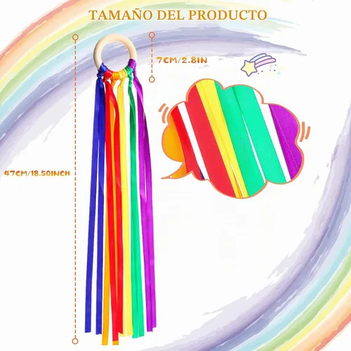 Vista 2 de Deekin 12 piezas de cinta de arco iris de madera Waldorf juguetes creativos Waldorf juego de cometas de mano serpentinas con anillo de madera