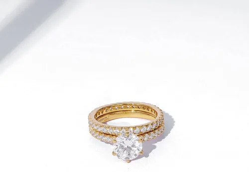 Vista 6 de Tienda Collection Platinum or Gold Plated Sterling Silver Wedding Set Rings set with Round Cut Infinite Elements Cubic Zirconia
