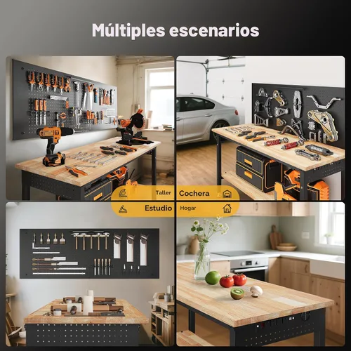 Vista 9 de CAMMOO Banco de trabajo de 60 pulgadas de altura ajustable con estante de almacenamiento, carga máxima de 2000 LBS, tablero de madera de caucho