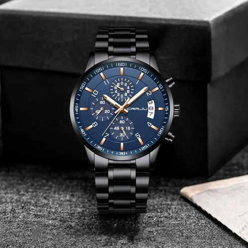 Vista 3 de CRRJU - Reloj de pulsera de acero inoxidable para hombre resistente al agua cronógrafo correa de acero inoxidable
