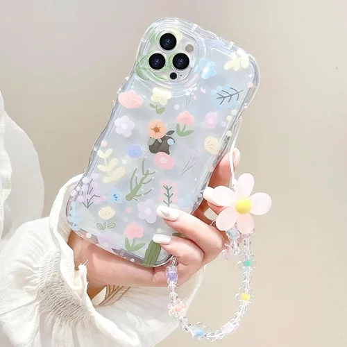 Vista 3 de Funda transparente compatible con iPhone 14 Pro, marco ondulado rizado, forma de encaje floral, TPU delgada, protección de cámara, funda