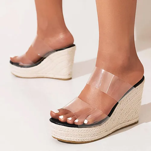 Vista 4 de VARECOLA Sandalias de tacón de cuña con correas transparentes para mujer, sandalias de plataforma con puntera abierta