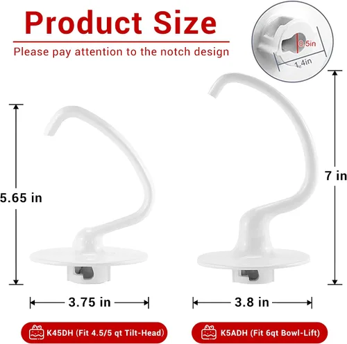 Vista 7 de K45DH - Gancho para masa KitchenAid de 4.5/5 cuartos de galón con cabezal inclinable, gancho de masa de pizza para pan, reemplazo para batidoras