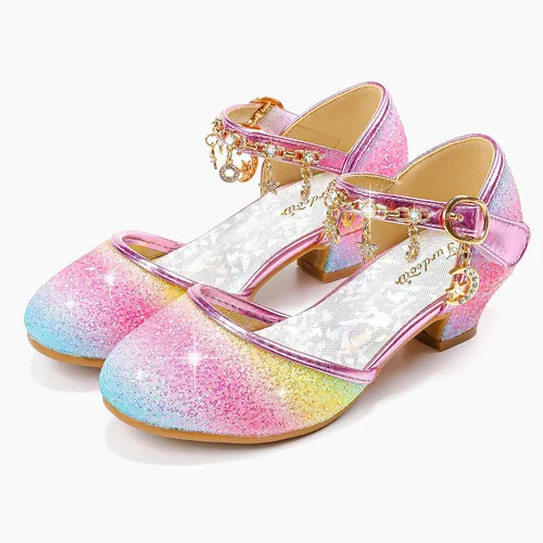 Vista 8 de Furdeour Sandalias para niñas con lazo brillante, zapatos de vestir de princesa con tacones altos de cristal, para fiestas, bodas, flores, zapatos