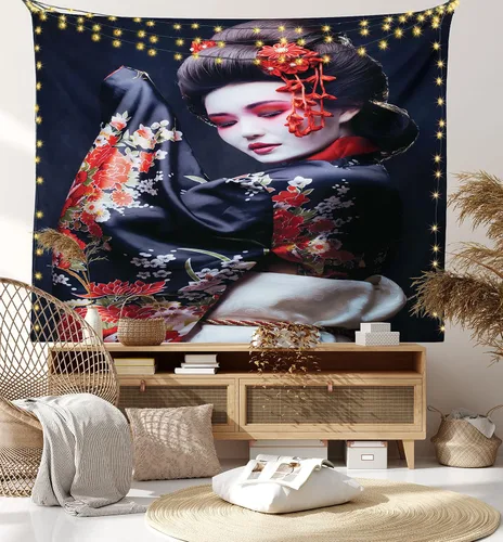 Vista 8 de Lunarable Tapiz japonés, Geisha joven en kimono con maquillaje oriental tradicional de Sakura, decoración de tela para colgar en la pared