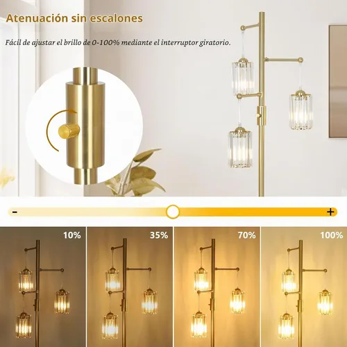 Vista 3 de Lámparas de pie de cristal dorado para sala de estar, 3 luces regulables, lámpara de pie moderna con pantalla de cristal, interruptor de atenuación