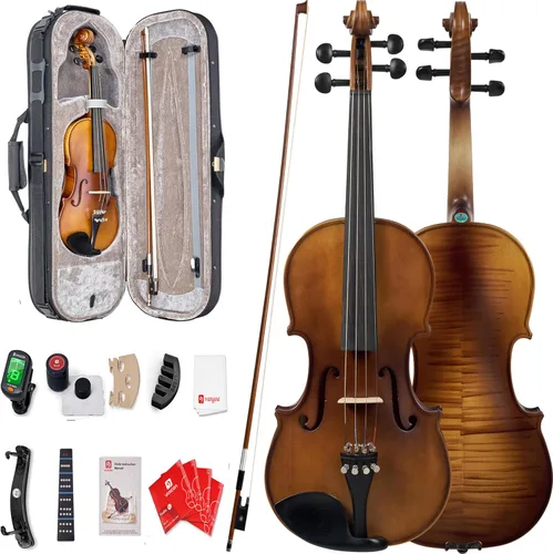 Vista 7 de Vangoa Kit de violín acústico 1/2, violín profesional de madera maciza, tapa de abeto, patrón único de madera de arce a juego, ajuste de ébano