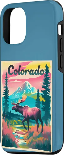 Vista 2 de Funda para iPhone 14 Colorado Moose Mountain Trees Nature Retro Wildlife Souvenir Case