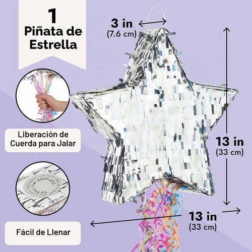 Vista 3 de Sparkle and Bash Piñata de estrella con cuerdas de tracción, plata, 13 x 13 x 3 pulgadas, decoración de cumpleaños temática espacial y suministro