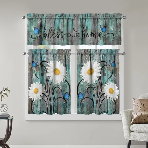 Vista 9 de Juegos de cortinas bohemias de cocina para ventanas, cortina bohemia con flores, cenefa para ventana de fregadero, juego de 3 piezas, decoración