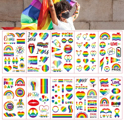 Vista 6 de 10 hojas de tatuajes temporales para el Día del Orgullo para hombres y mujeres, LGBT con estampado de bandera de arco iris, tatuajes falsos