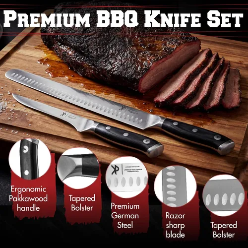 Vista 3 de Juego de Tallado de BBQ para Carne - Cuchillo de Cortar Pechuga de 12" + Cuchillo de Deshuesar de 6" con Fundas - Súper Afilado, Acero Alemán