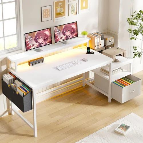 Vista 11 de EnHomee Escritorio para computadora de 57 pulgadas con cajones y espacio para impresora, escritorio de oficina con tomas de corriente, escritorios