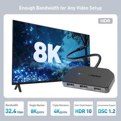 Vista 4 de Cable Matters Hub USB C MST de triple pantalla 4K @60Hz para Windows 2 DisplayPort 1.4 y 1 HDMI 2.0, carga de 100 W, no compatible con macOS