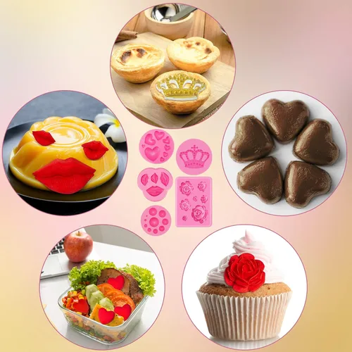 Vista 6 de 6 moldes de silicona para el día de San Valentín para chocolate, fondant, labios, corazón, rosa, flor, amor, corona, dulces, pasteles, cupcakes